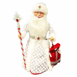 Figurka Děda Mráze v bílé se stříbrem a červenou kabelkou, s oddělením na cukrovinky a dárky, 40 cm