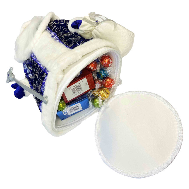 detail Figurka Děda Mráze v modro-bílé se stříbrem, s oddělením na cukrovinky a dárky, 50 cm