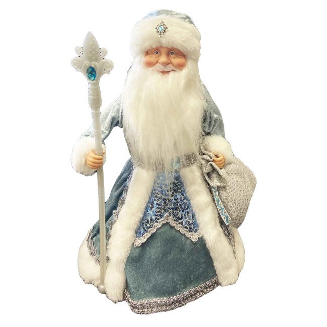 detail Figurka Děda Mráze v světle modo-bílé se stříbrem, s oddělením na cukrovinky a dárky, 40 cm
